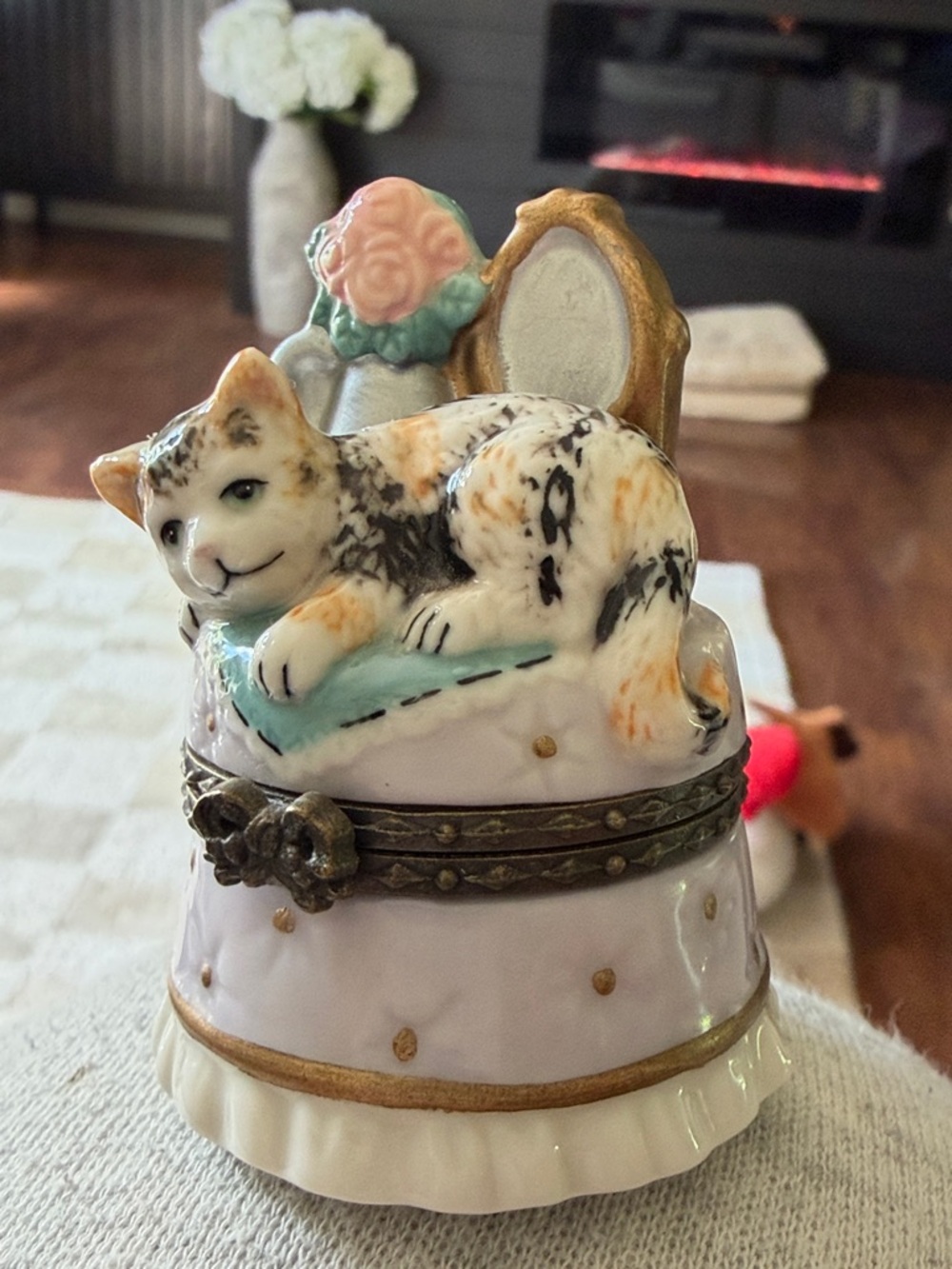 Porcelain Cat Trinket Box - White with Pastel Accents from 1998
